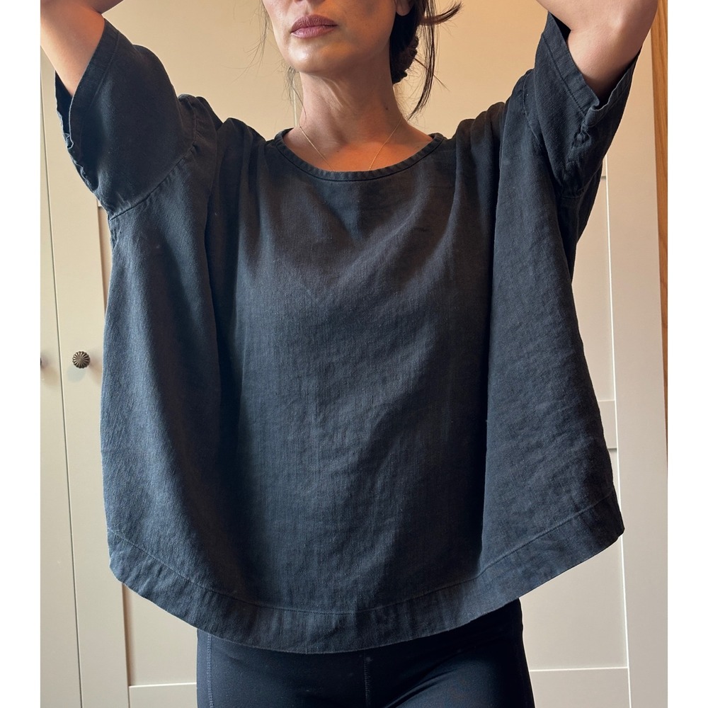 Vince Black Linen Blend Boxy Top Short Sleeve Crew Neck Old Money Boho Medium